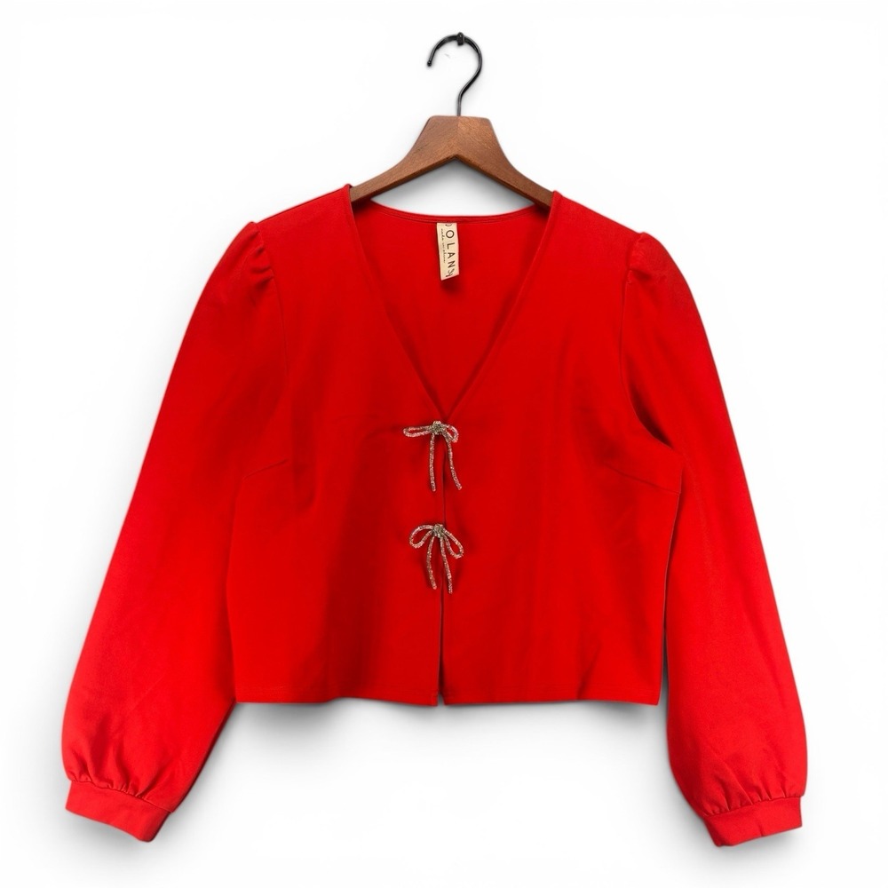 Anthropologie Dolan Red Bow‎ Front Rhinestone Tie Top Puff Sleeve L NWOT